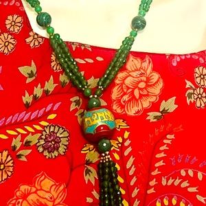 African Spiritual pendant turquoise,red jade & brass w Malachite & Jadeite beads